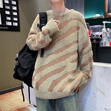 水貂绒斑马纹毛衣男冬季美式复古慵懒风针织衫加厚保暖高级感外套，男装针织衫/毛衣，星座410-7