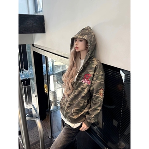 网图现货美式复古迷彩开衫连帽华棉卫衣男女A963-常规P59 加绒P64图片