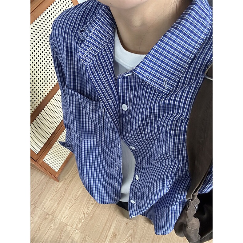 格子衬衫春夏美式蓝色格子衬衫港风情侣装休闲长袖衬衣CS276-P35,男装衬衫,星座301C-5