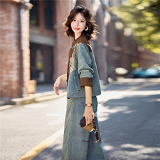 牛仔套装女2025秋季新款chic高级感大方得体新中式国风休闲两件套，女装套装/套裙，欣品汇