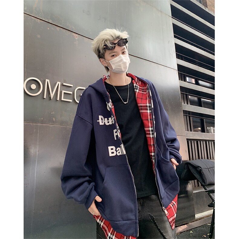 2024新款假两件连帽开衫卫衣格子拼接情侣款外套现货W8398-P50，女装短外套，星座512-4