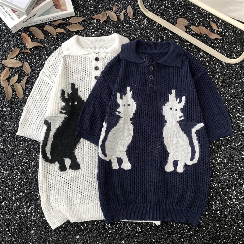 翻领Polo短袖针织衫T恤男镂空复古小猫提花撞色YP968P35，男装Polo衫，星座1013-1