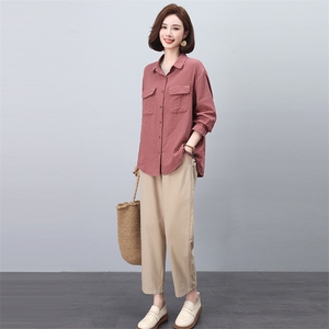 春季新款休闲套装女宽松显瘦长袖衬衫+高腰阔腿裤两件套时尚百搭图片