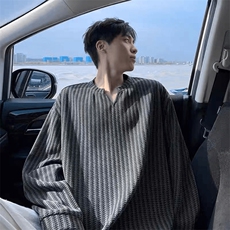 美式高街千鸟格子长袖T恤男女亨利V领英伦雅痞休闲宽松长袖打底衫，男装T恤，电商A443