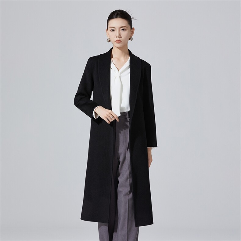 羊毛女士青果领中长款纯色羊毛大衣，女装毛呢外套，高哲羊绒