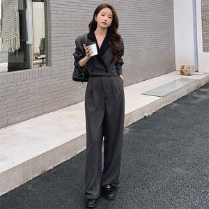 西装高腰女神范长袖通勤刺绣西装领宽松型纯色女职业显瘦气质高腰图片