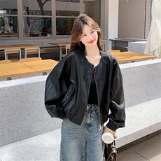 黑色韩版气质PU皮衣外套女2025春秋季新款甜酷百搭高级感夹克上衣，女装皮衣，2D075