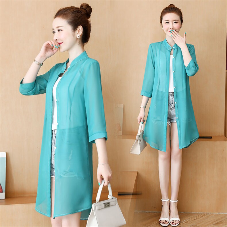 夏季雪纺衫中长款超薄款外套女防晒衣2025新款空调衫纯色披肩开衫，女装防晒衣，尚羽泽网红店