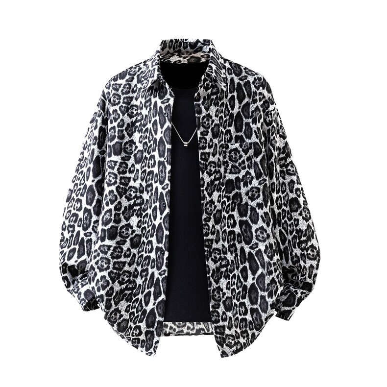 立体白底豹纹衬衫M-5XL大码聚酯纤维长袖衬衫CS78728P35控58，男装衬衫，星座227-7