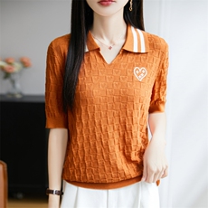 天丝16G爱心提花短袖，女装T恤，昭美羊绒