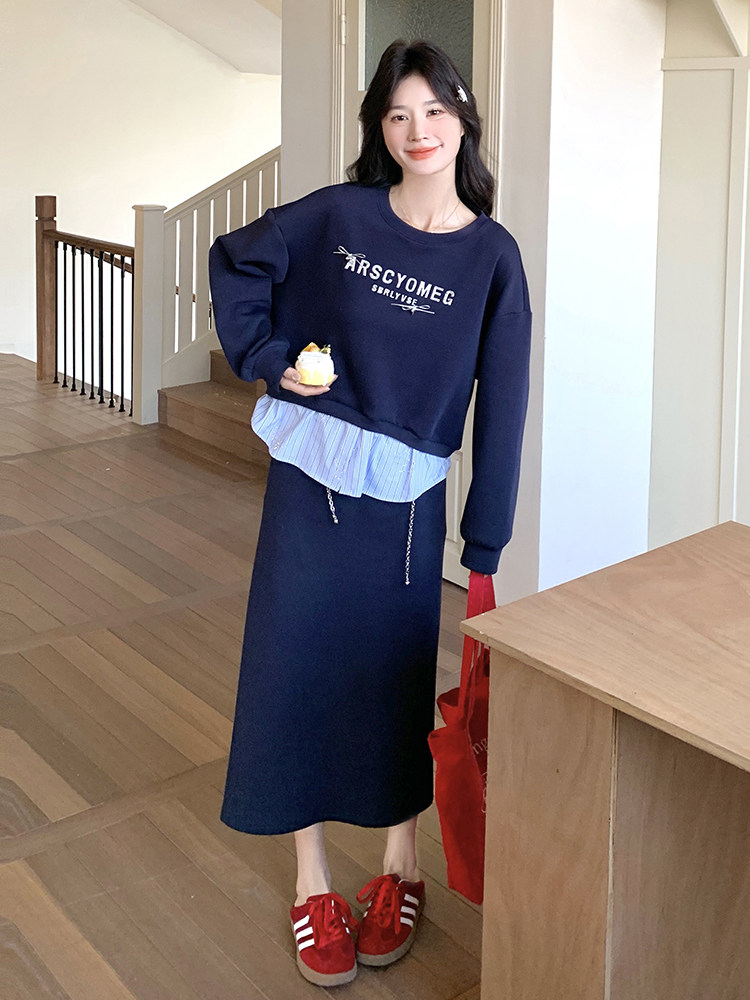 藏青色卫衣套装裙女春2025新款韩版印花长袖上衣A字半身裙两件套,女装套装/套裙,浙宝220