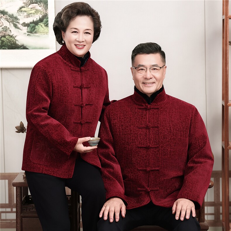 主推情侣毛领加绒中老年唐装外套爸爸妈妈喜庆生日婚宴风外套,男装民族服装,钱塘723