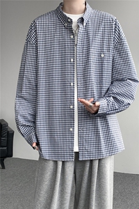 8XL-M miu系穿搭复古蓝格子衬衫男宽松纯棉长袖衬衣男 CS540-P45图片