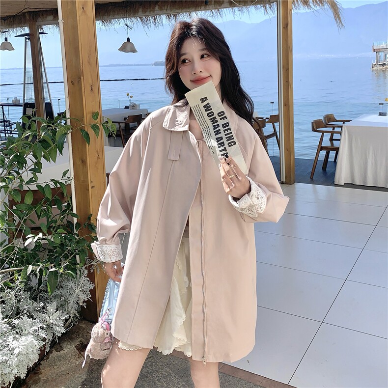 2026春装新款甜美粉色蕾丝袖口韩版休闲中长风衣外套女,女装风衣,时尚风爆