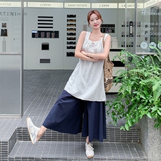 韩版格纹背心上衣阔腿裤套装女2025夏季新款松弛感休闲减龄两件套，女装套装/套裙，2D034