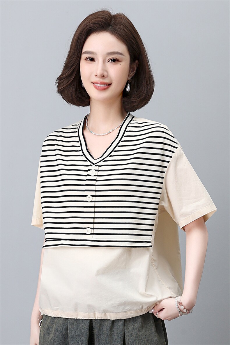 时尚条纹拼接短袖衬衫女宽松显瘦V领上衣夏季新款百搭休闲女装,女装衬衫,叶笙衣