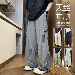 INS夏季新款潮流假口袋褶皱宽松休闲冰丝裤B315-K25735-特p30控58图片