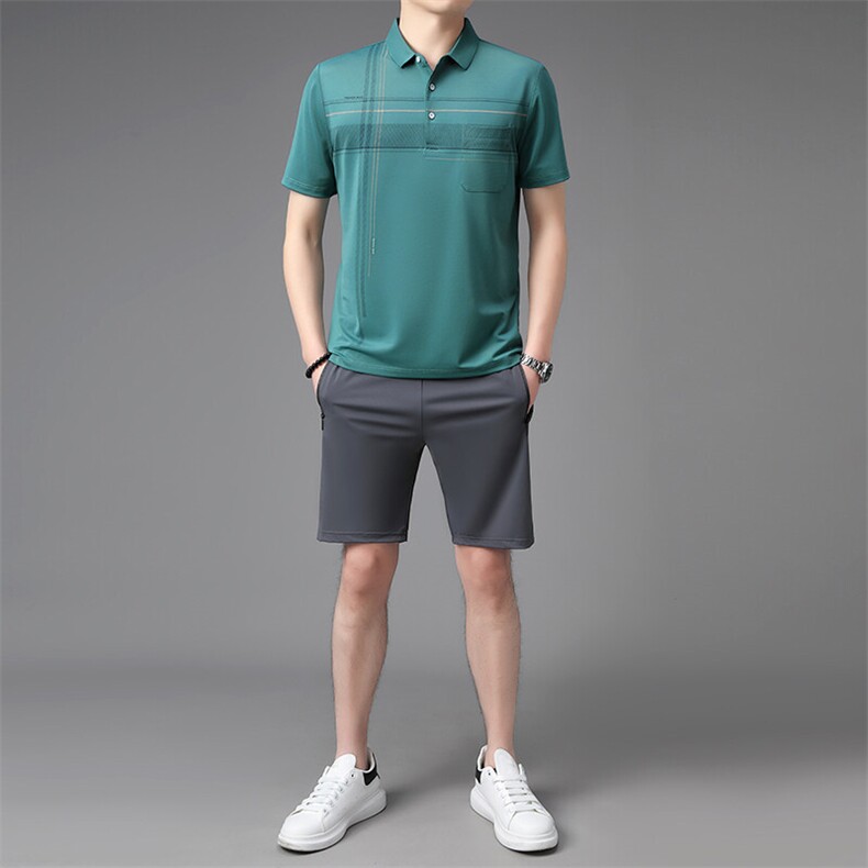 夏季中老年休闲运动套装冰丝短袖短裤爸爸装两件套爷爷衣服,男装休闲套装,钱塘6003（原4033）
