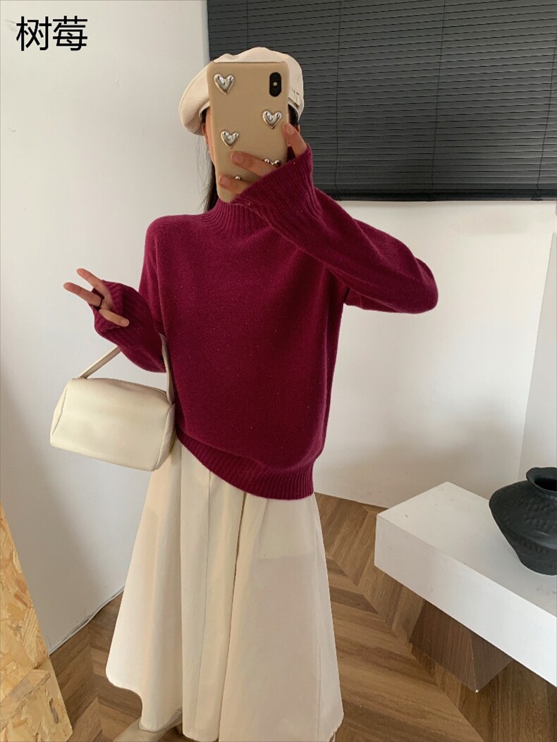 女士秋冬纯色简约秋冬针织衫半高领套头长袖,女装羊毛衫,牧思羊
