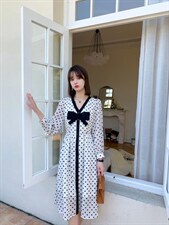 秋季新款韩版修身淑女气质高雅甜美可爱蝴蝶结圆点连衣裙，女装连衣裙，荷塘月色