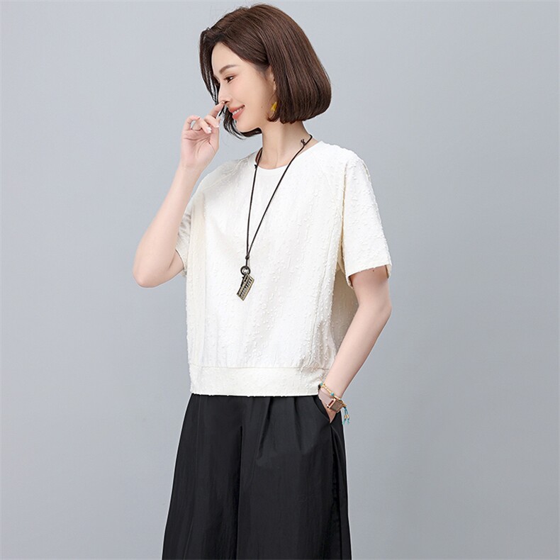 白色T恤女短袖2025夏季新款时尚气质百搭宽松显瘦提花上衣,女装T恤,阿丹