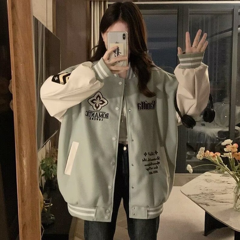 美式风街头复古棒球服女春秋2025新款飞行员夹克外套图片