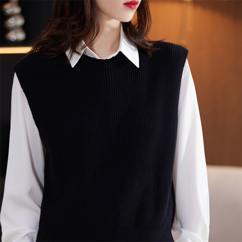 纯棉线针织马甲女圆领套头无袖毛衣宽松休闲洋气外穿短款上衣坎肩，女装马甲，阁惠羊绒