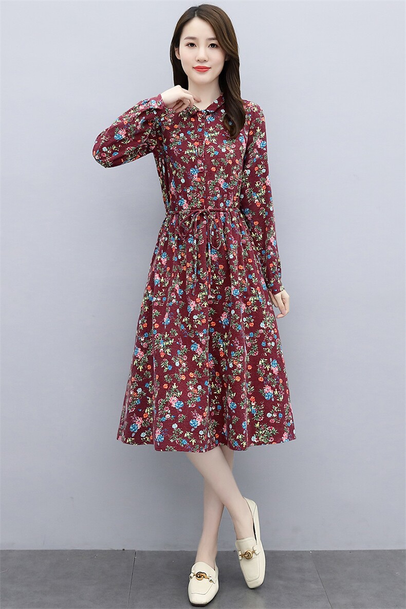 2021欣贝拉新款秋装棉麻连衣裙印花棉麻裙子091,女装连衣裙,欣贝拉