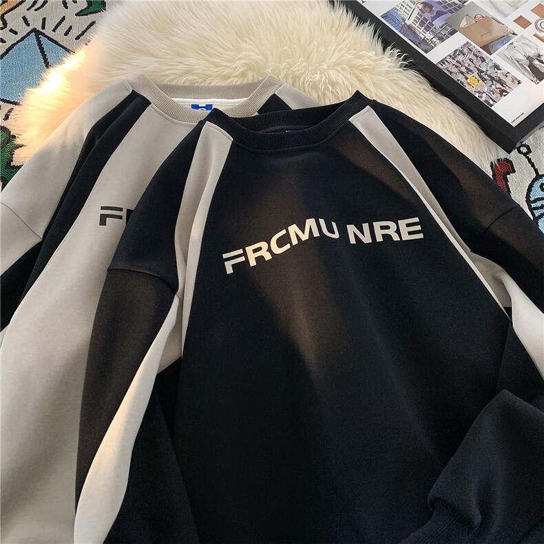 平铺2026秋装港风圆领撞色情侣卫衣秋季男装大码宽松外套S291-P58，女装短外套，电商A233-1