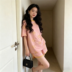 潮流时尚休闲运动套装女夏季新款印花圆领短袖上衣阔腿短裤两件套，女装套装/套裙，江南
