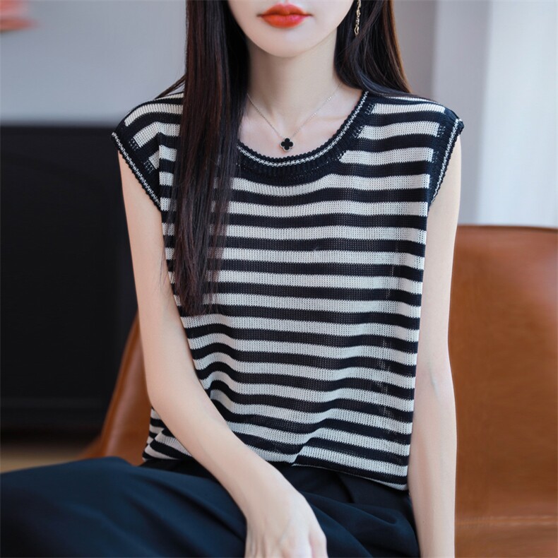 欧货高级感条纹圆领冰丝针织无袖背心女早秋修身显瘦外穿时尚上衣,女装T恤,源达羊绒