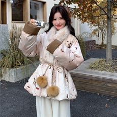 新中式轻熟风晕染碎花真毛领羽绒服女2025冬季系带收腰白鸭绒外套，女装羽绒服，艾米莉亚