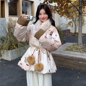 新中式轻熟风晕染碎花真毛领羽绒服女2025冬季系带收腰白鸭绒外套图片