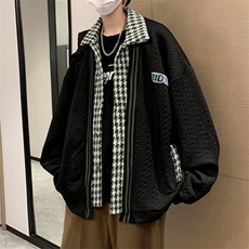 千鸟格开衫假两件外套男棒球服宽松慵懒风小香风卫衣秋季夹克J20，男装夹克，星座1116A-1（原606A）