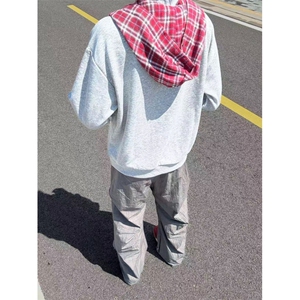 黄橘复古蝴蝶结连帽格子慵懒卫衣披肩2025美式新款宽松设计情侣图片