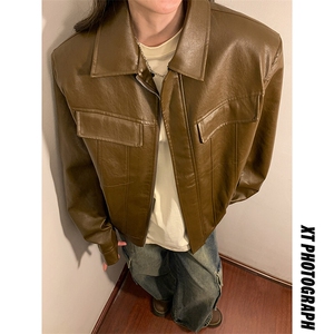 中性工装皮衣情侣女潮机车皮衣大码M-5XL夹克男JK77869P85控138图片