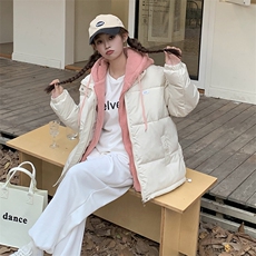 羊羔毛拼接假两件加厚连帽羽绒棉服女2023年新款日系情侣外套，女装棉衣/棉服，梦白服饰厂