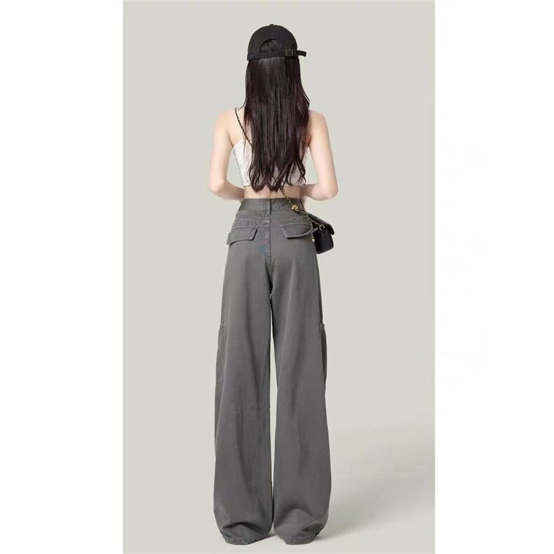 美式灰色工装牛仔裤女秋季新款宽松显瘦直筒高腰休闲阔腿拖地裤子图片