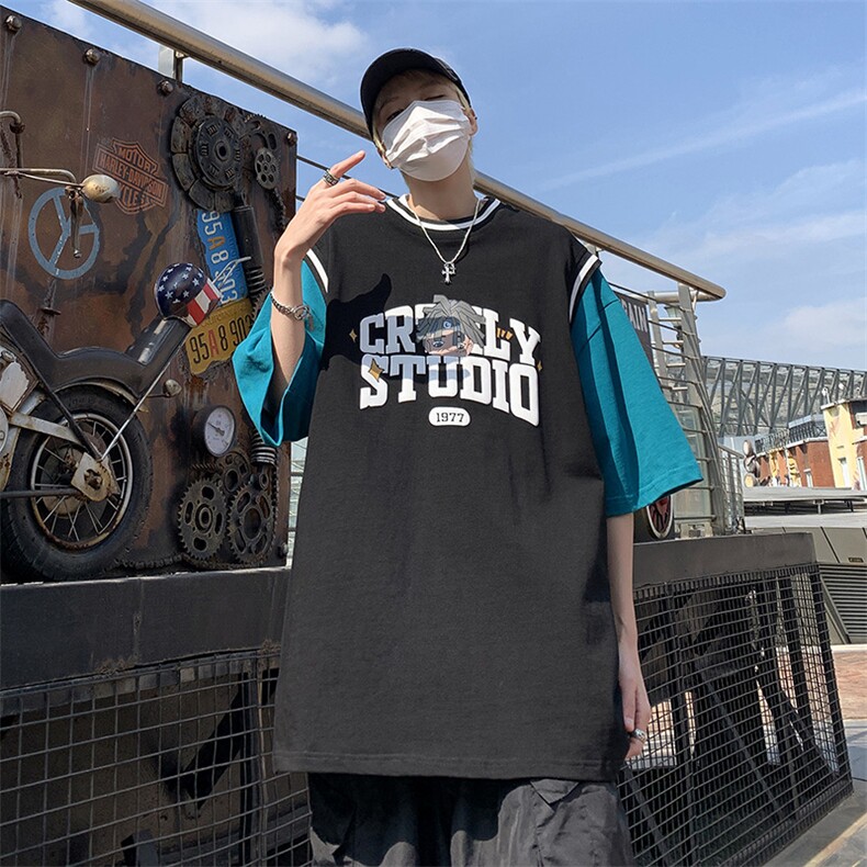 2023夏季新款宽松短袖假两件T恤五分袖学生情侣XT77058-P45图片