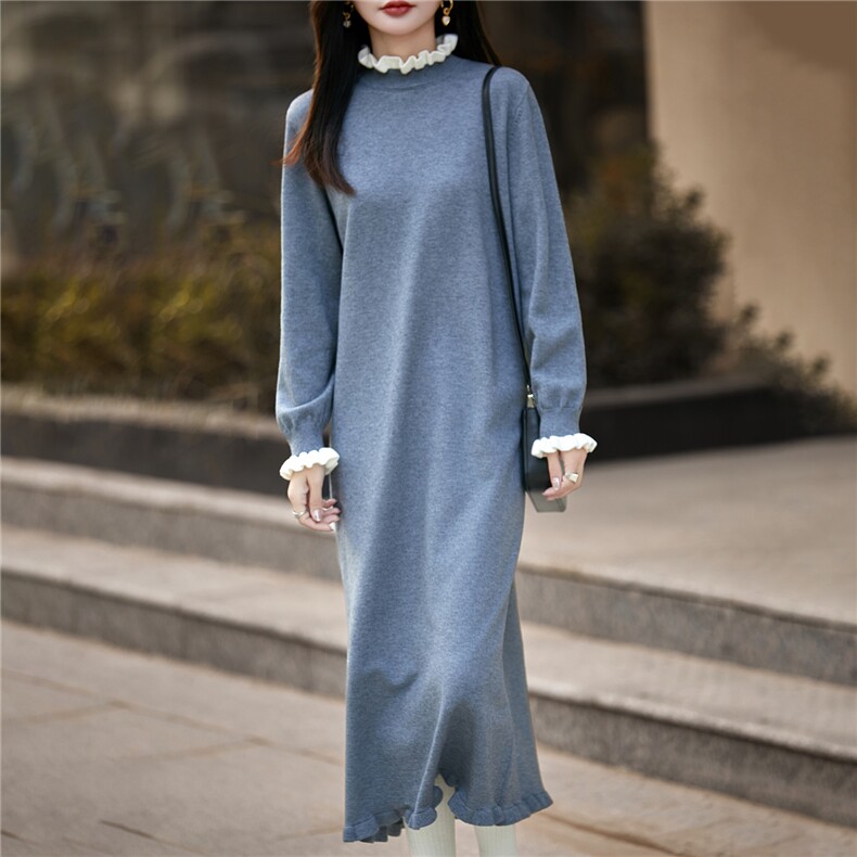法式撞色木耳边半高领针织连衣裙女2025新款中长款过膝保暖毛衣裙，女装连衣裙，圣丽羊绒