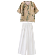 苎麻套装高端女装中式guo风印花上衣新款春夏季时尚棉麻阔腿裤，女装套装/套裙，衣之秀