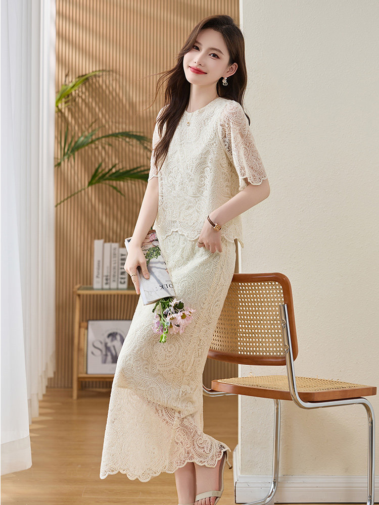 小香风洋气蕾丝套装裙女2025夏新款名媛气质独特漂亮半身裙两件套,女装套装/套裙,美沁
