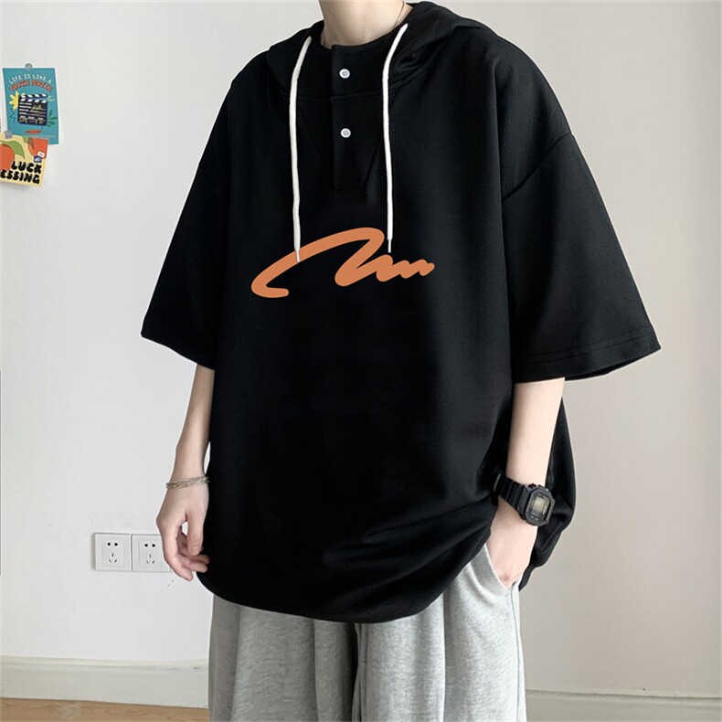 夏季港风冰丝宽松连帽短袖t恤五分体恤上衣TLM5006-P40控58,男装T恤,电商B370