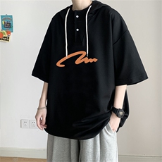 夏季港风冰丝宽松连帽短袖t恤五分体恤上衣TLM5006-P40控58，男装T恤，电商B370