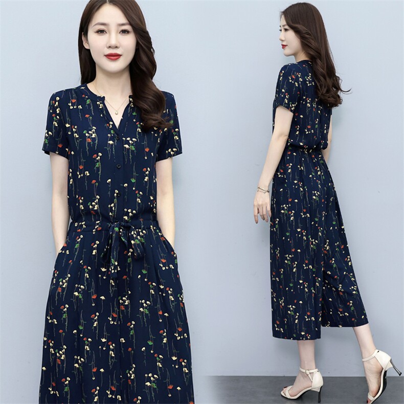 人棉长裙子夏女装V领波点小樱花清新印花松紧腰短袖碎花连衣裙，女装连体裤，木橙西子