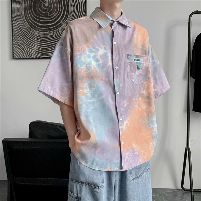 扎染短袖衬衫男潮牌宽松慵懒风半袖衬衣夏季百搭W1021-P30,男装衬衫,星座512-2