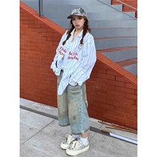 美式复古衬衫女初春字母印花撞色条纹翻领长袖休闲外套学院风上衣，男装衬衫，星座506A