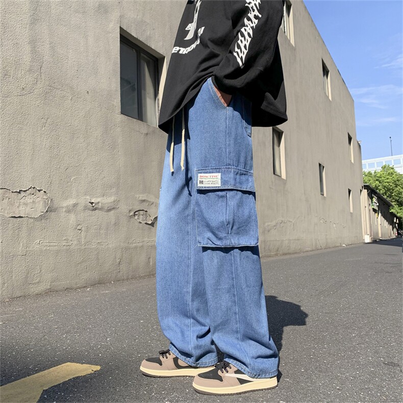 港风秋款男牛仔裤工装裤大口袋直筒宽松贴标休闲长裤NK5004 P45图片