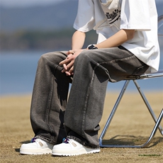 黑色水洗牛仔裤男春季2024新款美式高街直筒阔腿长裤休闲裤子男，男装牛仔裤，星座410-7