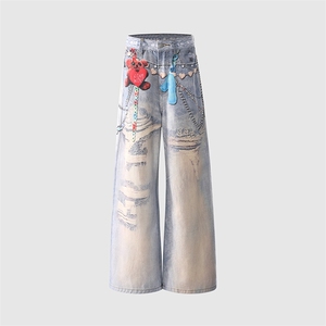 嘻哈街头美式小熊链条3D印花牛仔裤阔腿男女宽松裤子潮YD9060-P75图片